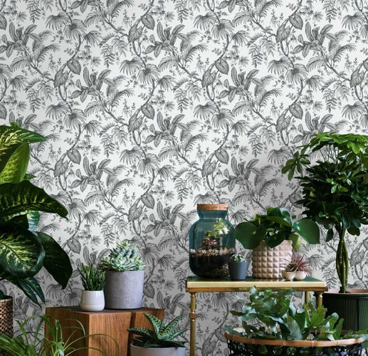 Non-woven wallpaper tropical leaf pattern white black 82337