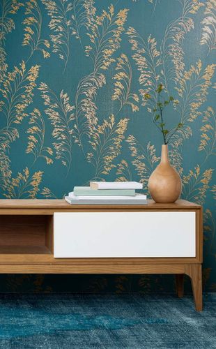 Non-Woven Wallpaper Floral Petrol Gold Metallic 82344