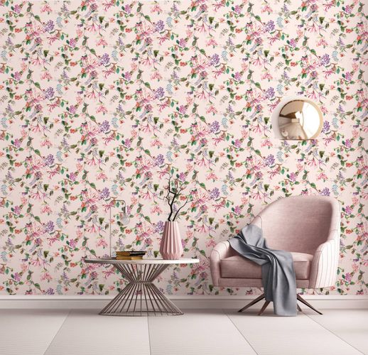 Non-woven wallpaper flowers berries lilac pink green 47457