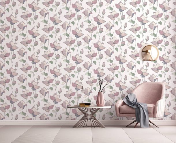 Non-woven wallpaper flowers drawing white pink green 47472