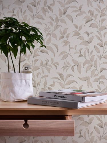 Non-woven wallpaper leaves illustration white beige 38962-2