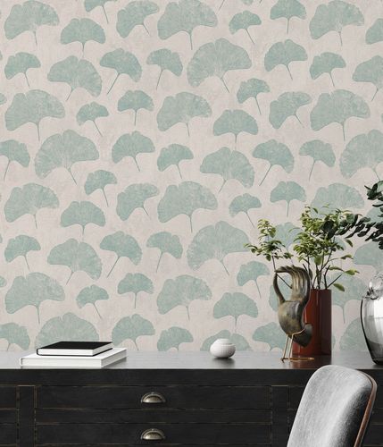 Non-woven wallpaper leaves ginkgo beige green 38966-3