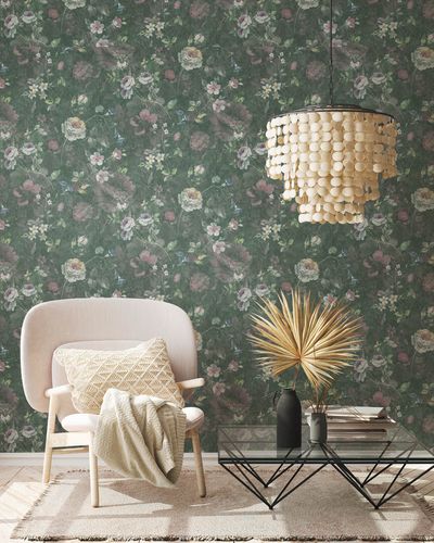 Non-woven wallpaper floral romantic green white 38636-2