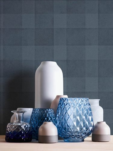 Non-woven wallpaper checkered textile look blue 38664-2