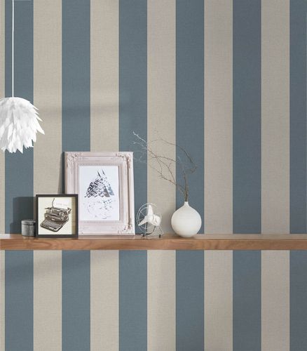 Non-woven wallpaper stripes linen look blue beige 38665-1