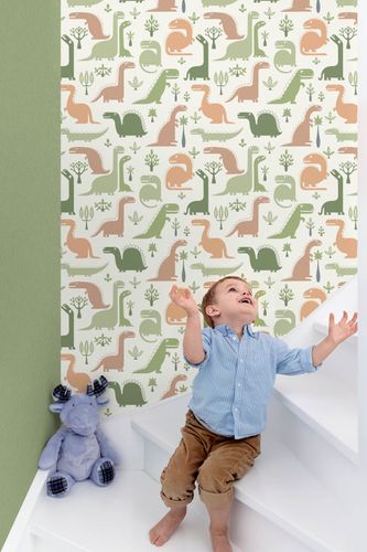 Non-woven wallpaper dinosaurs white green brown LL-10-12-8