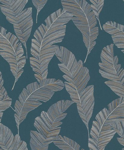 Non-Woven Wallpaper Leaf Pattern Blue Cream Gold A62203