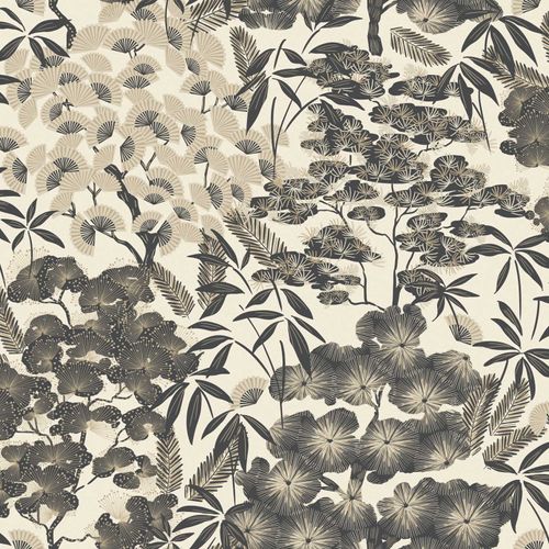 Non-Woven Wallpaper Leaves Cream Black Gold Metallic