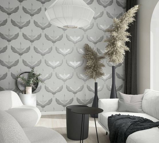 Non-woven wallpaper crane grey silver metallic 34530