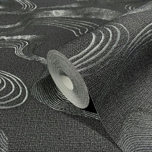Non-woven wallpaper lines wave pattern black metallic 34537