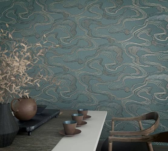 Non-woven wallpaper lines wave pattern blue metallic 34538