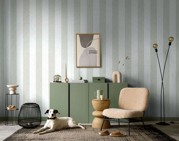 Non-woven wallpaper stripes plaster look white green 34411