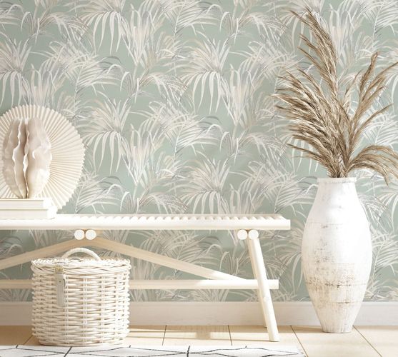 Non-woven wallpaper tropics palm leaves beige green 82414