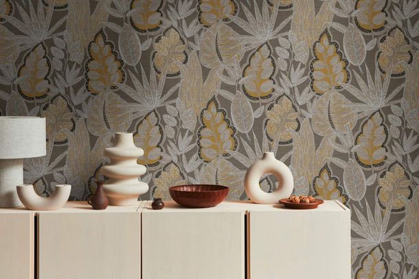 Non-woven wallpaper leaf pattern brown grey 39346-3