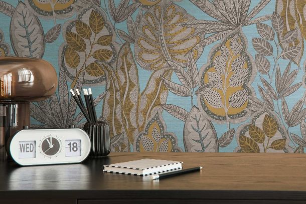 Non-woven wallpaper leaf pattern blue brown 39346-4