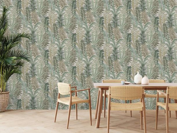 Non-woven wallpaper leaves tropics grey green 39347-4