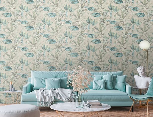 Non-woven wallpaper jungle beige green blue 39348-4