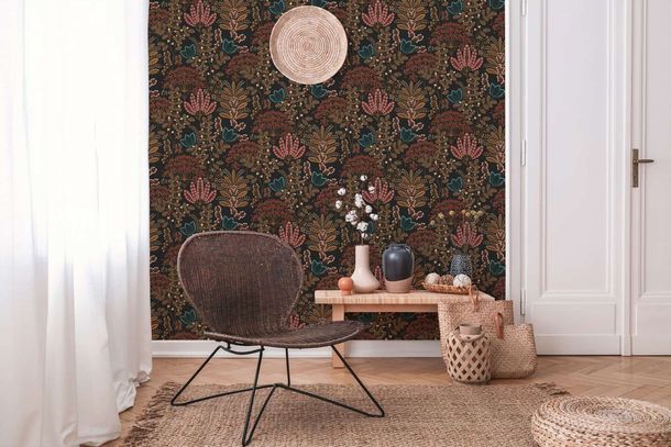 Non-woven wallpaper flowers floral black orange 39349-5