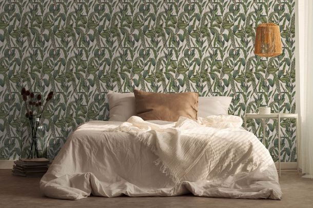 Non-woven wallpaper leaf pattern cream green 39413-2