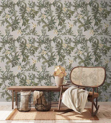 Non-woven wallpaper leaves flowers grey green 39424-2