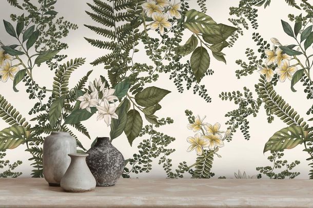 Non-woven wallpaper leaves flowers white green 39424-3