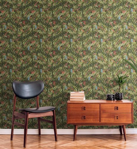 Non-woven wallpaper tropics flowers green red 39425-1