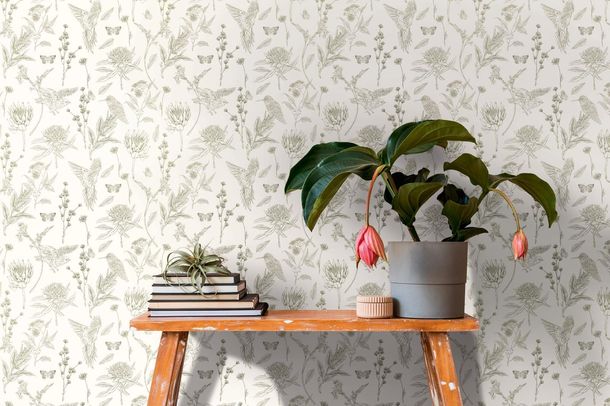 Non-woven wallpaper floral sketch birds white green 39429-3