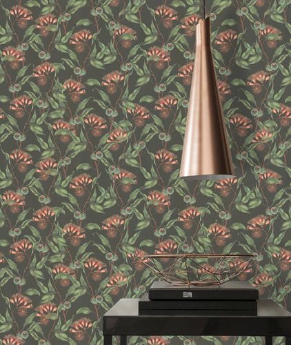 Non-woven wallpaper branches leaves black green 39430-1