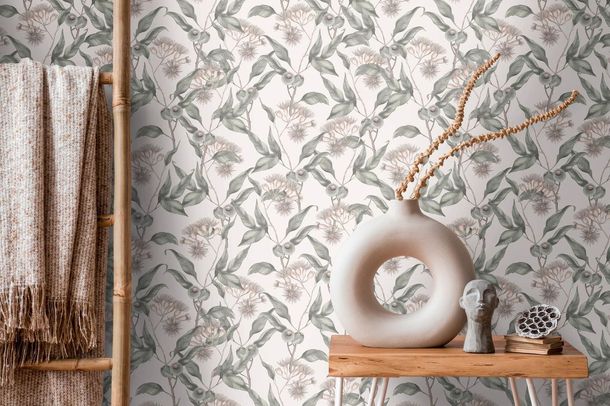 Non-woven wallpaper branches leaves white grey 39430-4