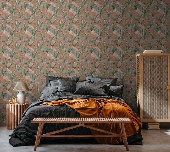 Non-woven wallpaper jungle leaves orange green 39436-2