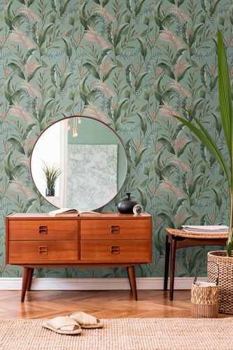 Non-woven wallpaper jungle leaves turquoise green 39436-4