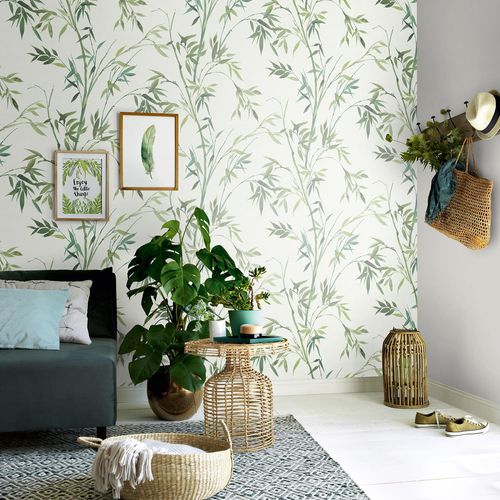 Non-woven wallpaper bamboo look white green 10388-07