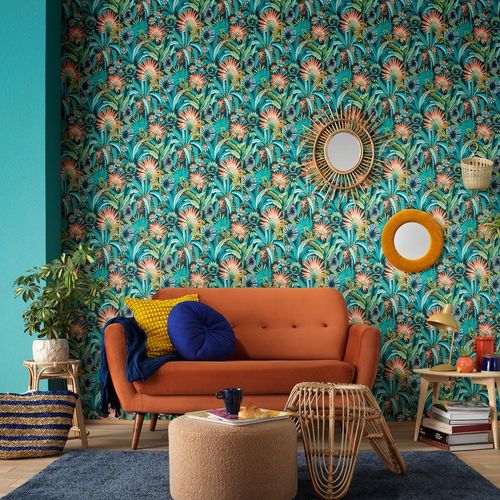 Non-woven wallpaper jungle petrol turquoise orange 10390-19