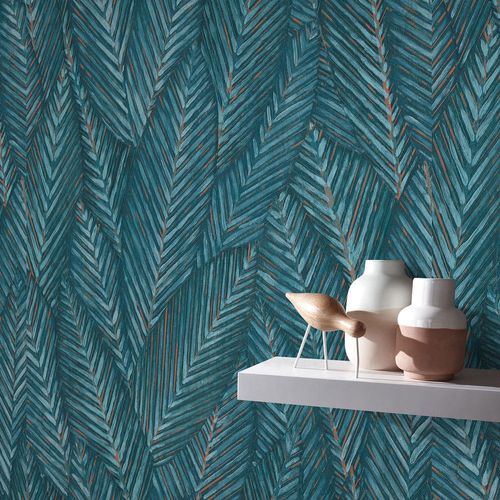 Non-woven wallpaper leaves exotic jungle blue 10391-19