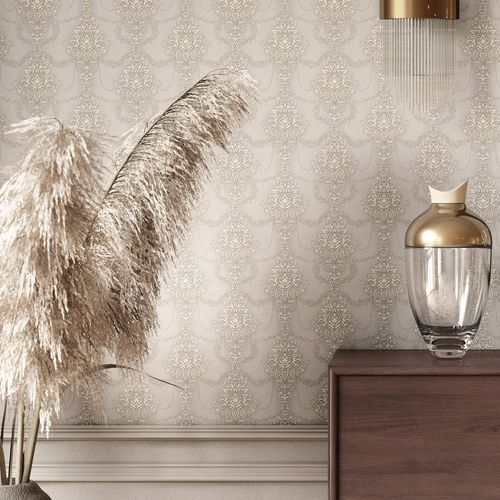 Non-woven wallpaper baroque beige grey metallic 10287-37