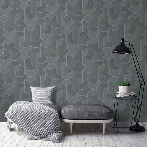 Non-woven wallpaper 3D effect grey silver metallic 10384-47