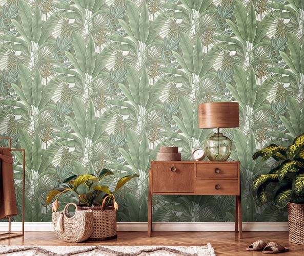 Non-woven wallpaper leaves textile look green white 39647-2