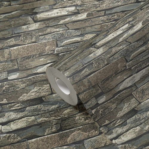 Non-woven wallpaper stone wall grey beige brown 96256-1