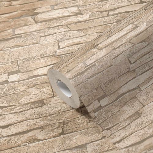 Non-woven wallpaper stone wall cream beige brown 96256-2