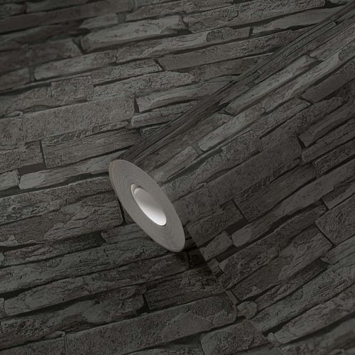 Non-woven wallpaper stone wall anthracite cream 96256-3