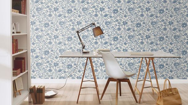 Non-woven wallpaper Rasch flowers cream blue 330410