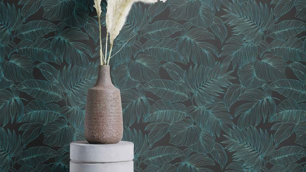 Non-woven wallpaper Rasch tropical leaves black blue 865158