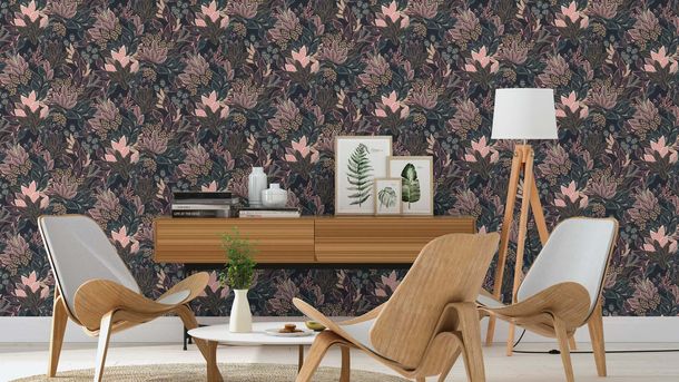 Non-woven wallpaper Rasch floral black pink beige 866247