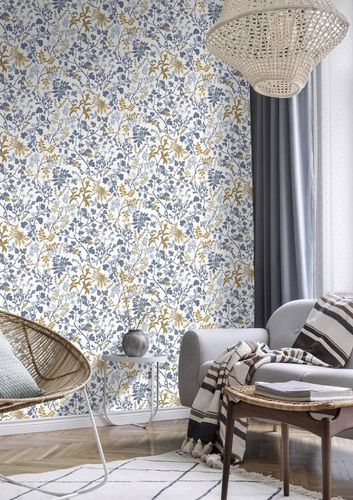 Vliestapete Rasch Blumen Blätter Weiß Blau Gelb 868500