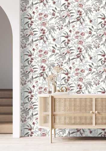 Vliestapete Rasch Floral Blumen Weiß Rot 869118 Raumsituation