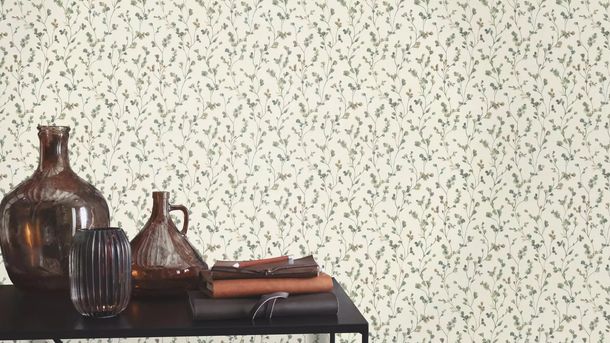 Non-woven wallpaper Rasch leaves cream green blue 486148