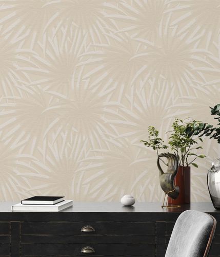 Non-woven wallpaper leaves palm trees  beige cream 39338-2