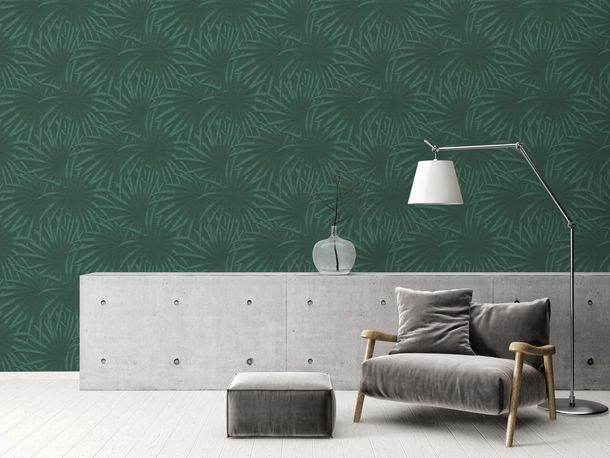 Non-woven wallpaper leaves palm trees  dark green 39338-3