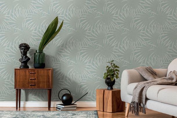 Non-woven wallpaper leaves palm trees blue grey 39338-4