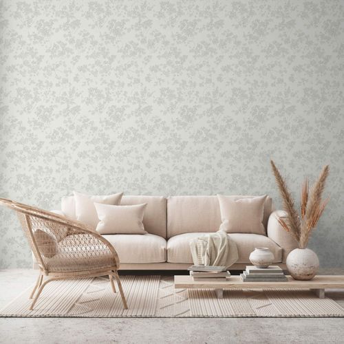 Vliestapete Blumen Zweige Weiß Grün Metallic 39548-2 Wohnzimmer